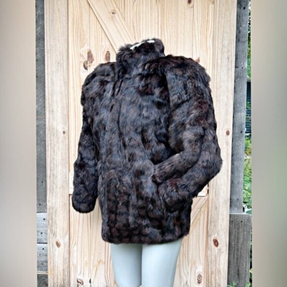 Vintage Retro 80s Greg Bell Mid Length Brown Zip Rabbit Fur Coat~M~ - Picture 4 of 9